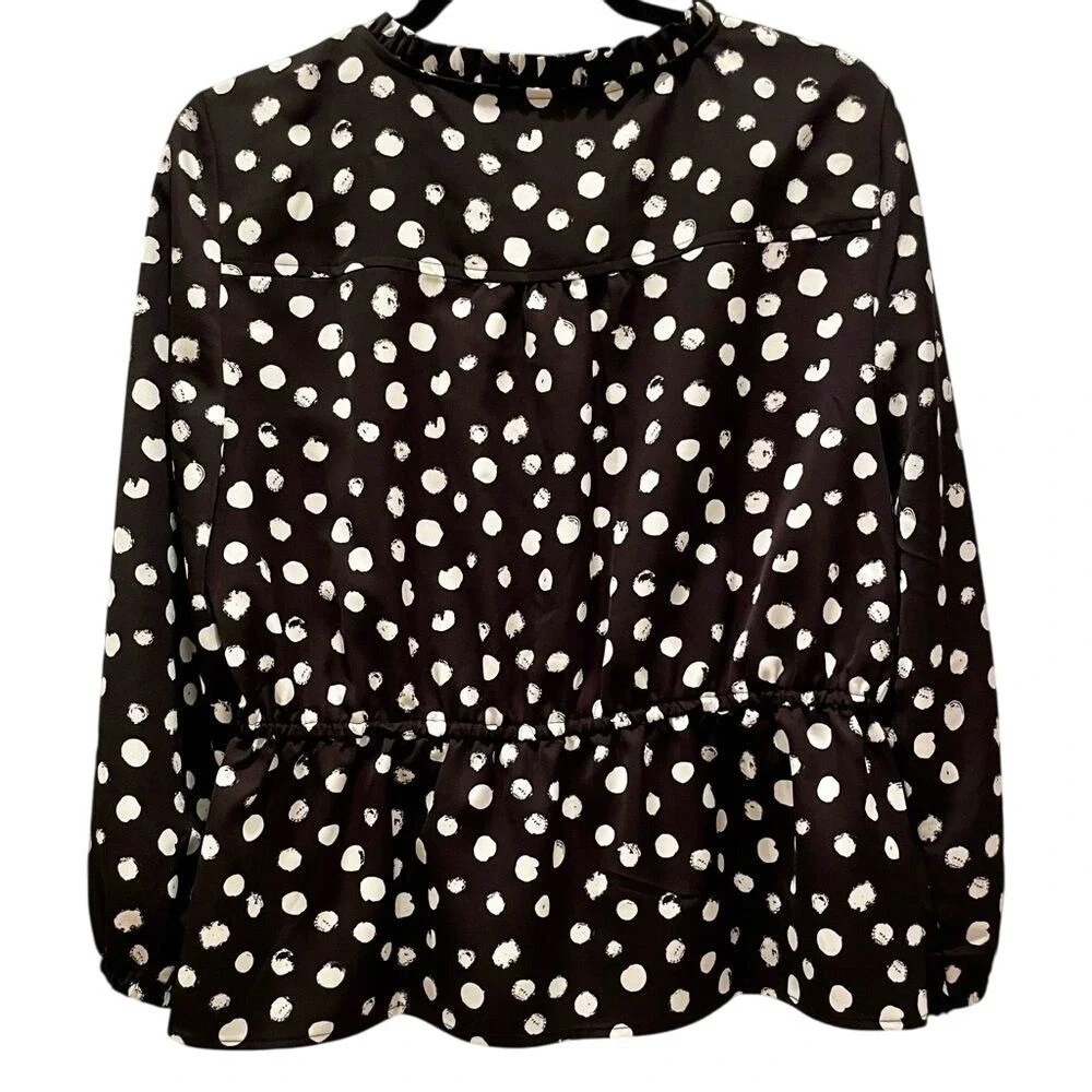 J. Crew Women's Black Peplum Blouse in Painted‎ Dot Satiny Top Size 12